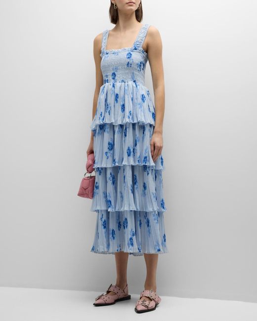 Ganni Blue Floral Pleated Georgette Midi Dress