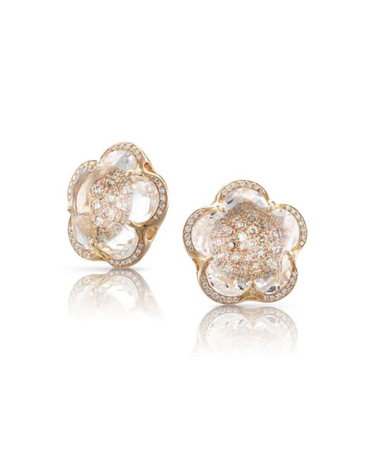 Pasquale Bruni White 18k Rose Gold Rock Crystal Floral Stud Earrings With Diamonds