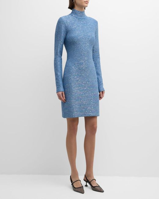 St. John Blue Turtleneck Long-sleeve Cutout Paillette Knit Mini Dress