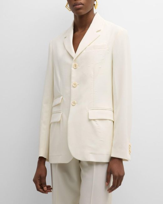 Plan C Natural Double-Breasted Crepe Blazer Jacket