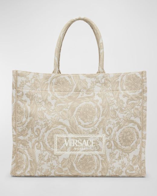 Versace Natural Xl Jacquard Embroidered Canvas Tote Bag