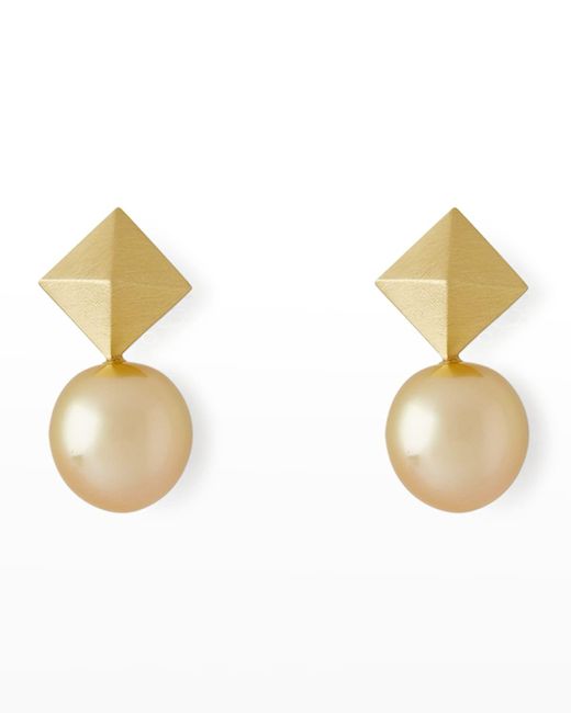 Pearls By Shari Metallic 18k Yellow Gold 11mm Golden South Sea Pearl And 2-cube Earrings