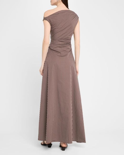 staud phare striped off-the-shoulder maxi dress Phare one-shoulder draped striped silk-blend satin maxi dress - multi