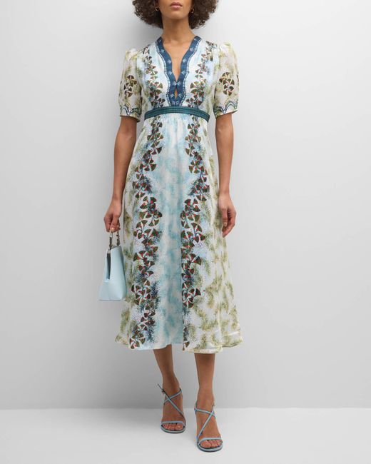 Saloni Blue Tabitha Printed Silk Puff-sleeve Midi Dress