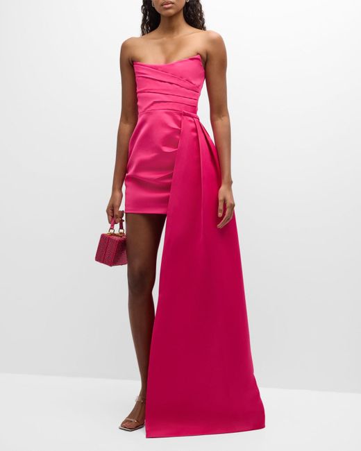 SAU LEE Pink Brenda Satin Strapless Detachable-Train Mini Dress