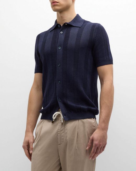 Brunello Cucinelli Blue Linen-Cotton Knit Short-Sleeve Sweater for men
