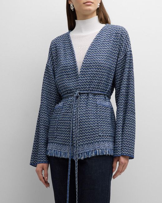 Misook Blue Tie-waist Fringe-trim Intarsia Knit Tweed Jacket