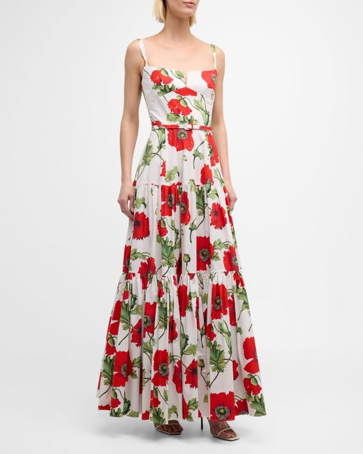 Oscar de la Renta Poppies-print Sleeveless Belted Tiered Maxi Dress