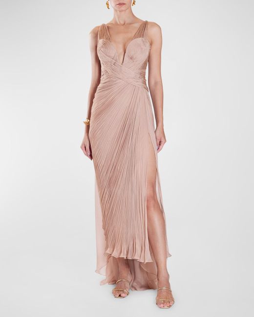Maria Lucia Hohan Pink Adelie Plunging Draped Plisse Slit Gown