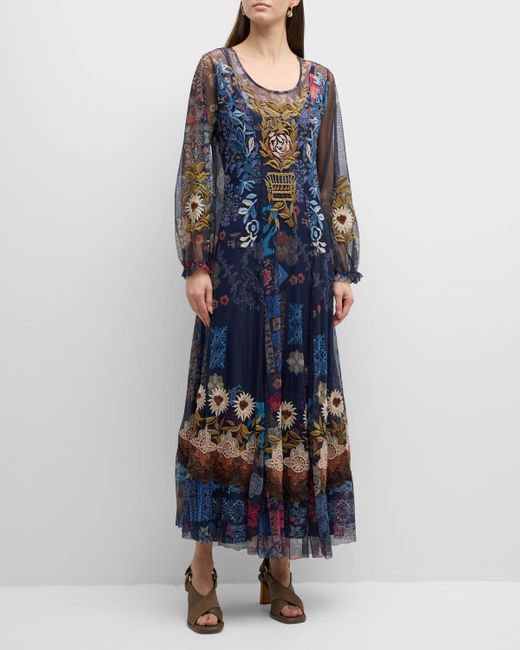 Johnny Was Blue Elrey Floral-Print Embroidered Mesh Maxi Dress