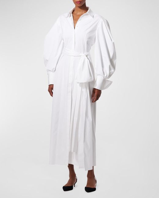 Carolina Herrera White Puff-Sleeve Belted Column Midi Shirtdress
