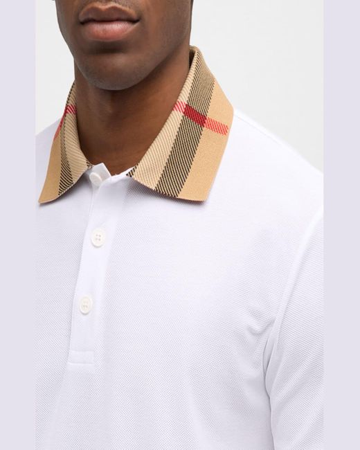 Burberry White Pique Polo Shirt With Check Collar for men