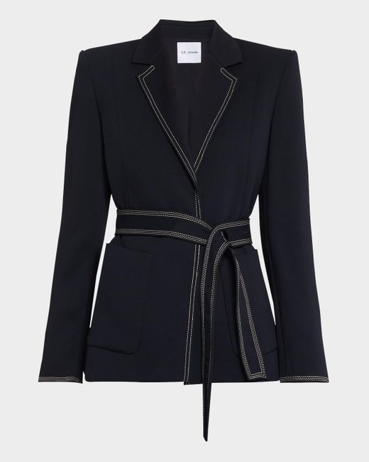 St. John Black Light Weight Stretch Sable Wrap Jacket W Contrast Topstitch Detail Belt Lined