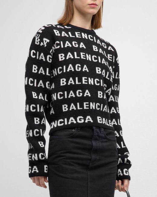 Balenciaga Black Bal Horizontal Allover Cropped Sweater