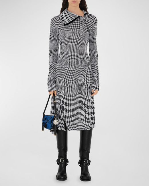 Burberry Gray Degrade Wavy Check Long-sleeve Midi Dress