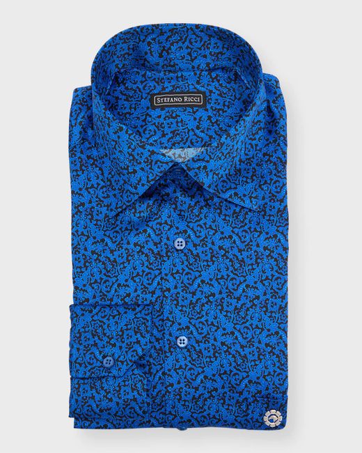 Stefano Ricci Blue Silk Damask-print Sport Shirt for men