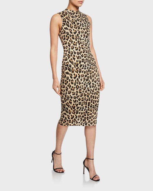 Alice + Olivia Natural Delora Sleeveless Fitted Mock-Neck Dress