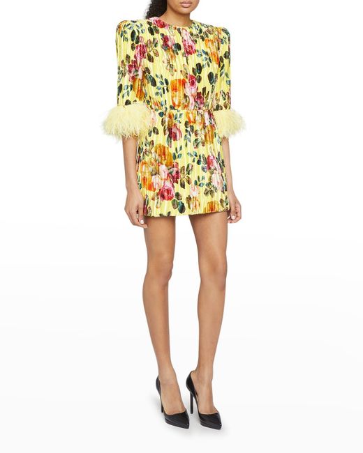 Andrew Gn Yellow Floral-print Silk Plisse Mini Dress W/ Feather Trim