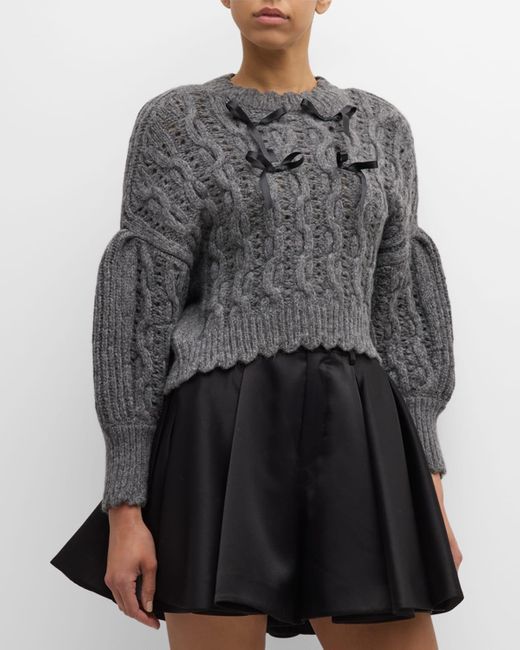 Simone Rocha Gray Bow Puff-Sleeve Lace-Stitch Chunky Knit Crop Sweater