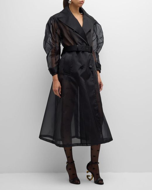 Dolce & Gabbana Black Curved-Sleeve Belted Organza Nylon Long Trench Coat