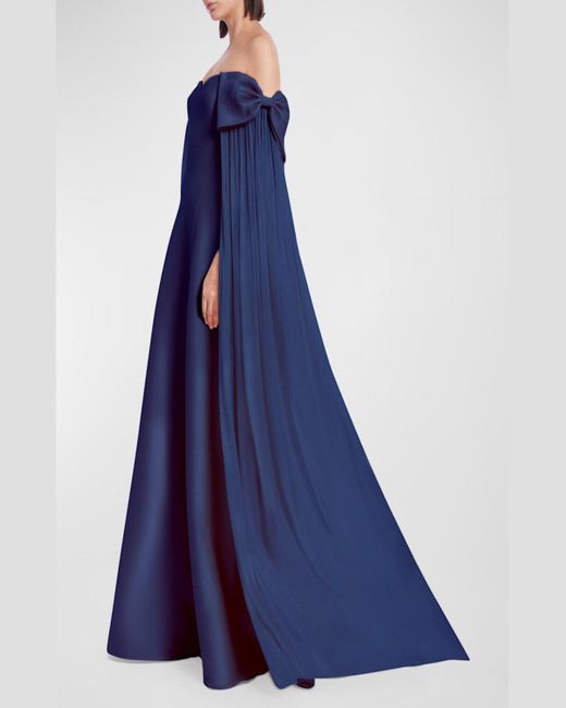 Badgley Mischka Blue Bow-Embellished Off-Shoulder Cape Gown