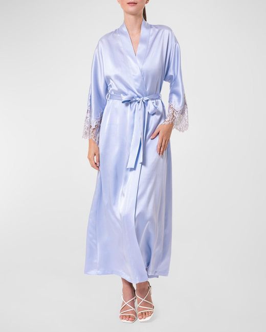 Christine Lingerie Blue Lace-trim Silk Charmeuse Robe