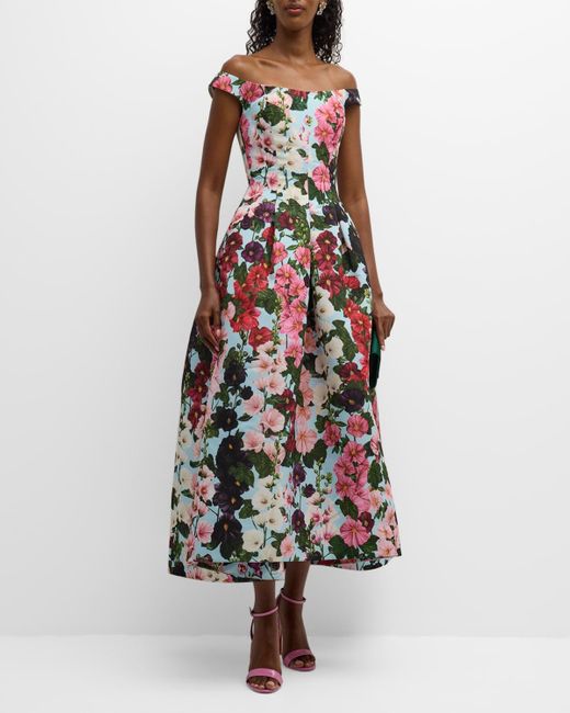 Oscar de la Renta White Hollyhocks Floral-Print Off-The-Shoulder Faille Tea-Length Dress