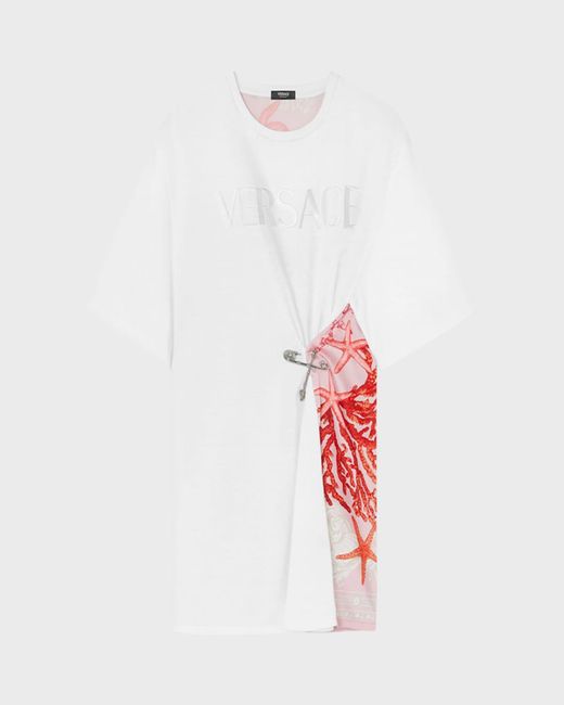 Versace White Vacation-Print Logo-Embroidered Short-Sleeve Safety-Pin T-Shirt