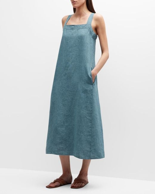 Eileen Fisher Blue Square-neck Organic Linen Midi Dress
