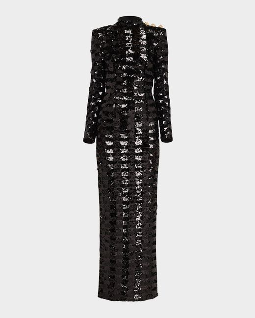 Balmain Black Three-Button Sequin Embroidered Backless Gown