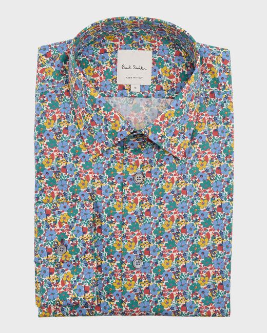 Paul Smith Blue Cotton Floral-Print Sport Shirt for men