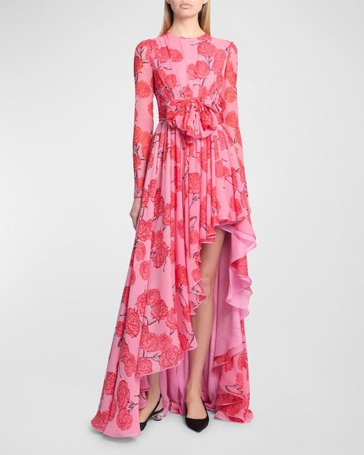Giambattista Valli Pink Floral-Print Bow Long-Sleeve Side-Slit Silk Gown