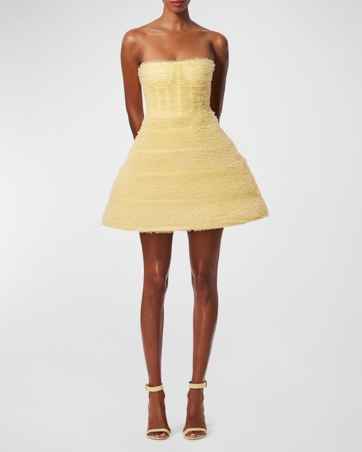Carolina Herrera Yellow Sequined Pleated Tulle Strapless Mini Dress