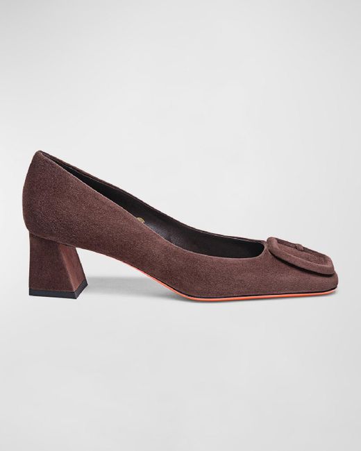 Santoni Suede Buckle Block Heel Pumps in Brown Lyst