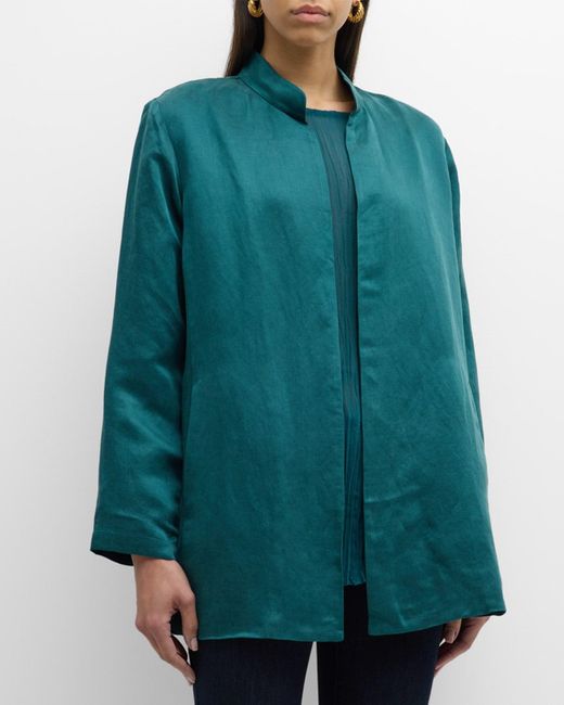 Eileen Fisher Blue Mandarin-Collar Open-Front Satin Jacket