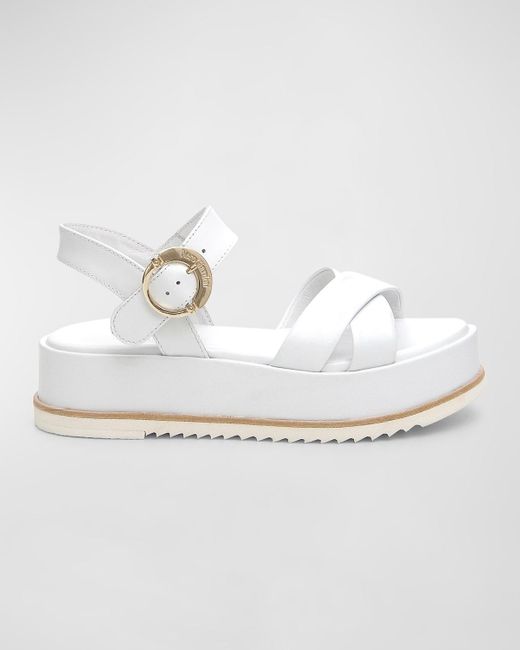 Nero Giardini White Calfskin Crisscross Flatform Sandals