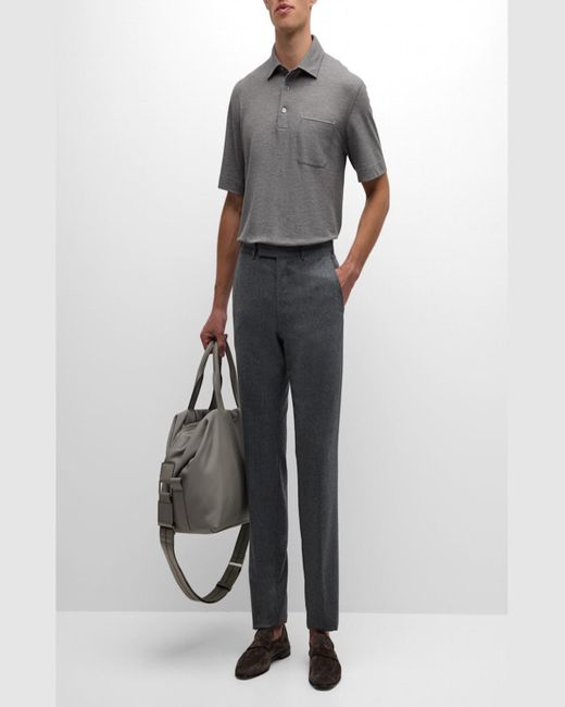 Zegna Gray Cotton Polo Shirt With Leather-Trim Pocket for men