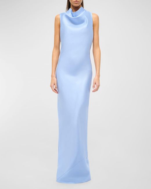 Staud Blue Rochelle Cowl-Neck Sleeveless Satin Gown