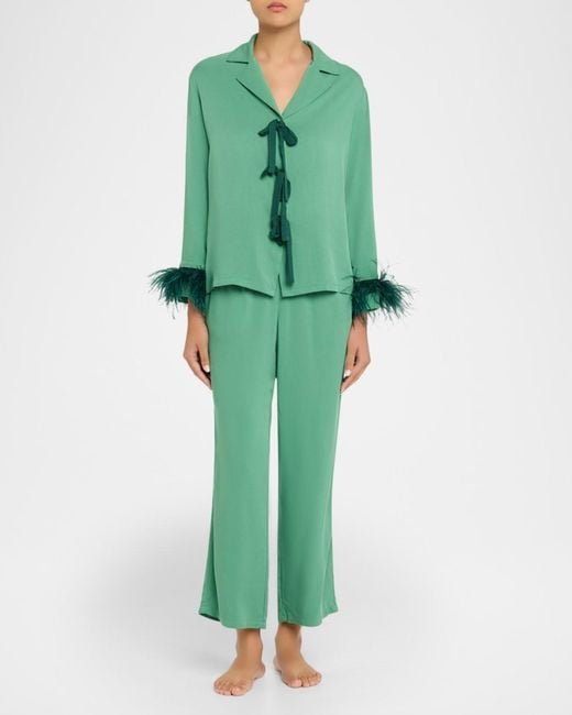 Sleeper Green Feather-Cuff Viscose Sleep Top