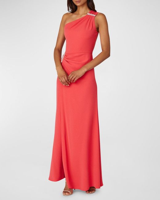 Shoshanna Red One-Shoulder Crystal-Embellished Crepe Gown