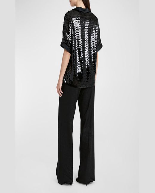 Kiton Black Sequin Open-Collar Satin-Trim Short-Sleeve Top
