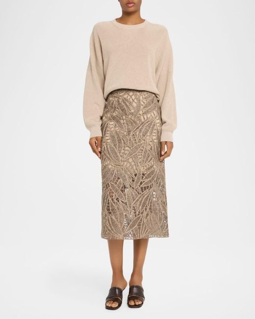Brunello Cucinelli Natural Leaf-Pattern Openwork Midi Skirt