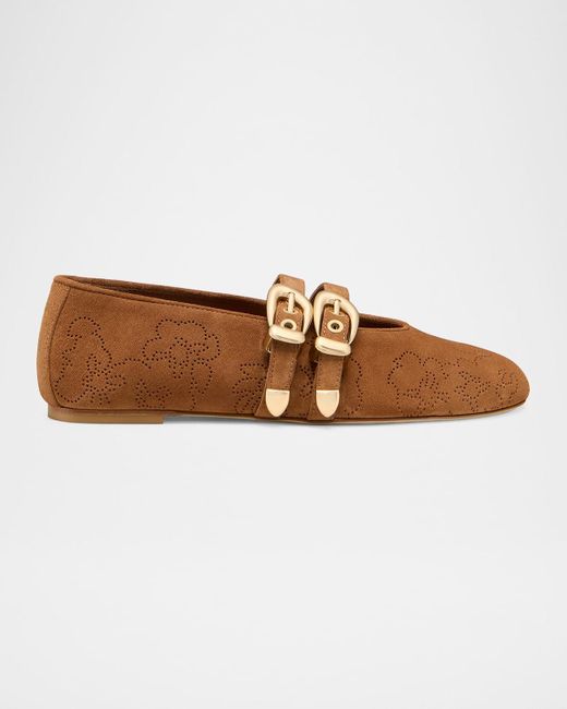 Stuart Weitzman Brown Maven Perforated Suede Mary Jane Flats