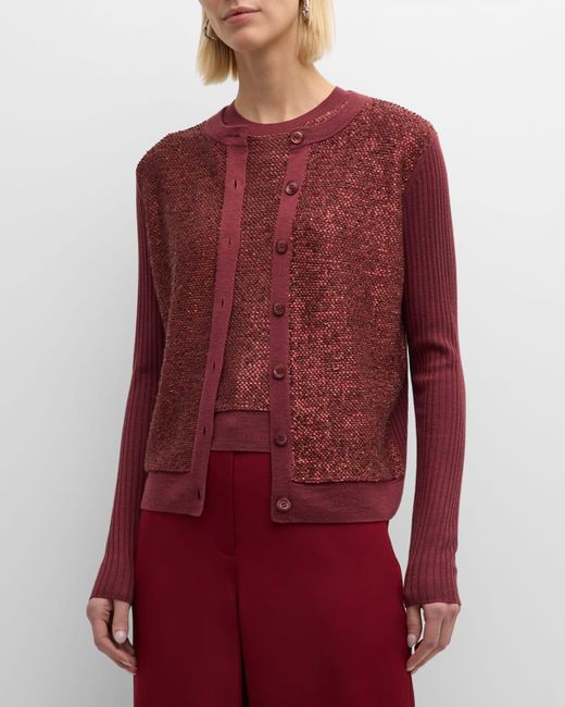 St. John Red Sequin Knit Crewneck Cardigan With Rib Back And Sleeves