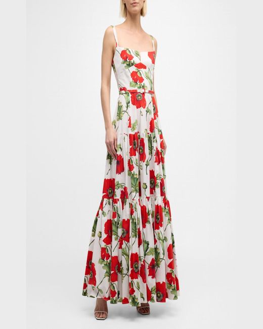 Oscar de la Renta Poppies-Print Sleeveless Belted Tiered Maxi Dress