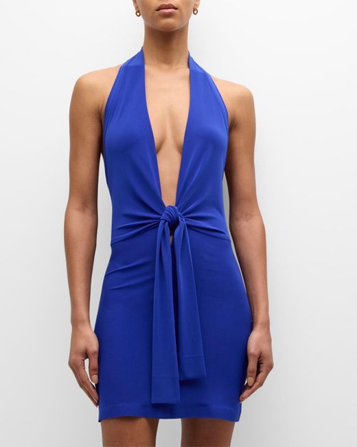 Norma Kamali Blue Tie-Front Halter Mini Dress