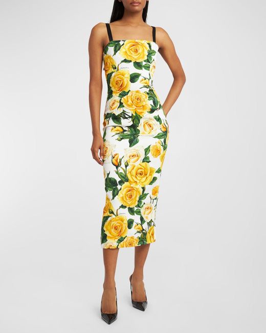 Dolce & Gabbana Yellow Rose-Print Sleeveless Charmeuse Midi Dress