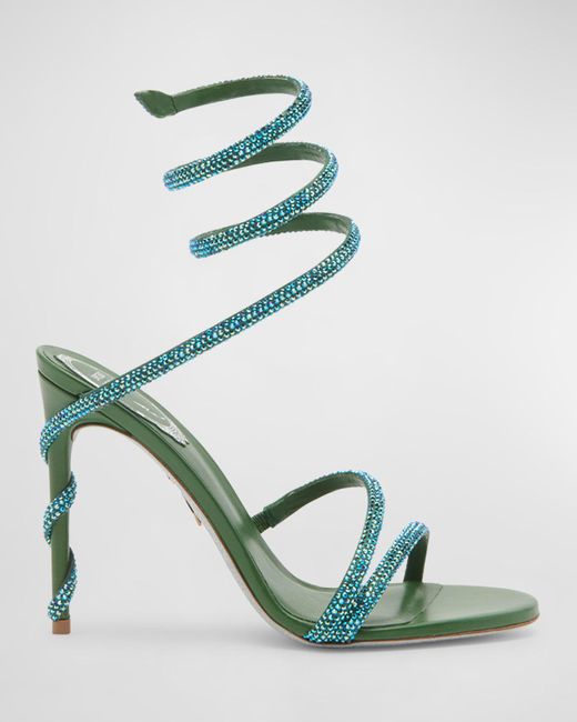 Rene Caovilla Green Snake-Wrap Strass Stiletto Sandals