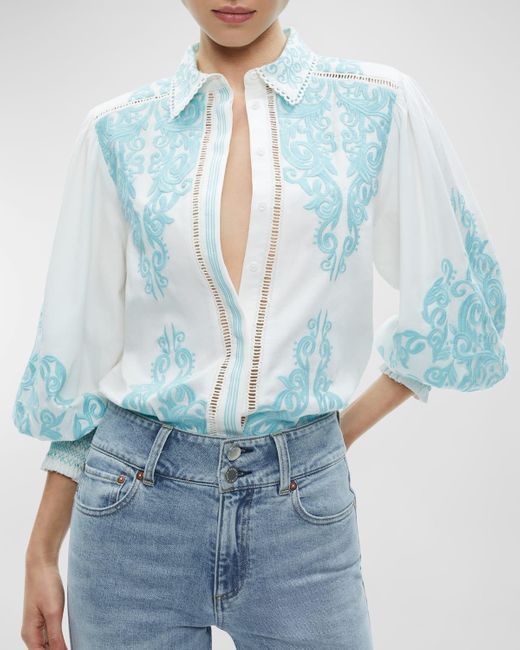 Alice + Olivia Blue Loryn Embroidered Button-Front Blouse