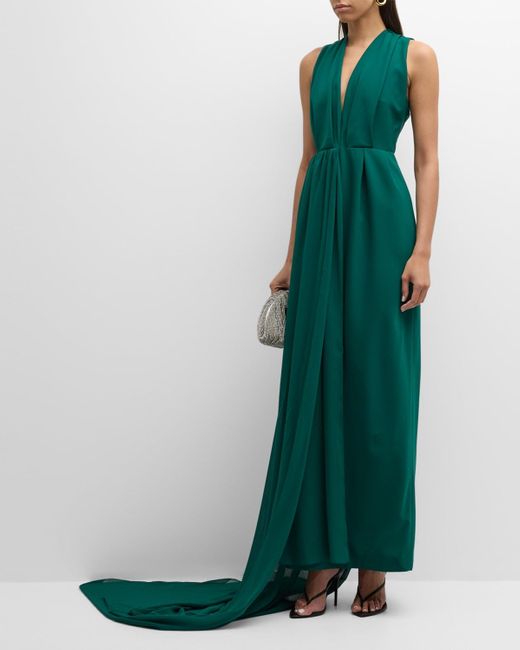 Satin tea-length gown with soft A-line skirt and shawl collar rd-nora
